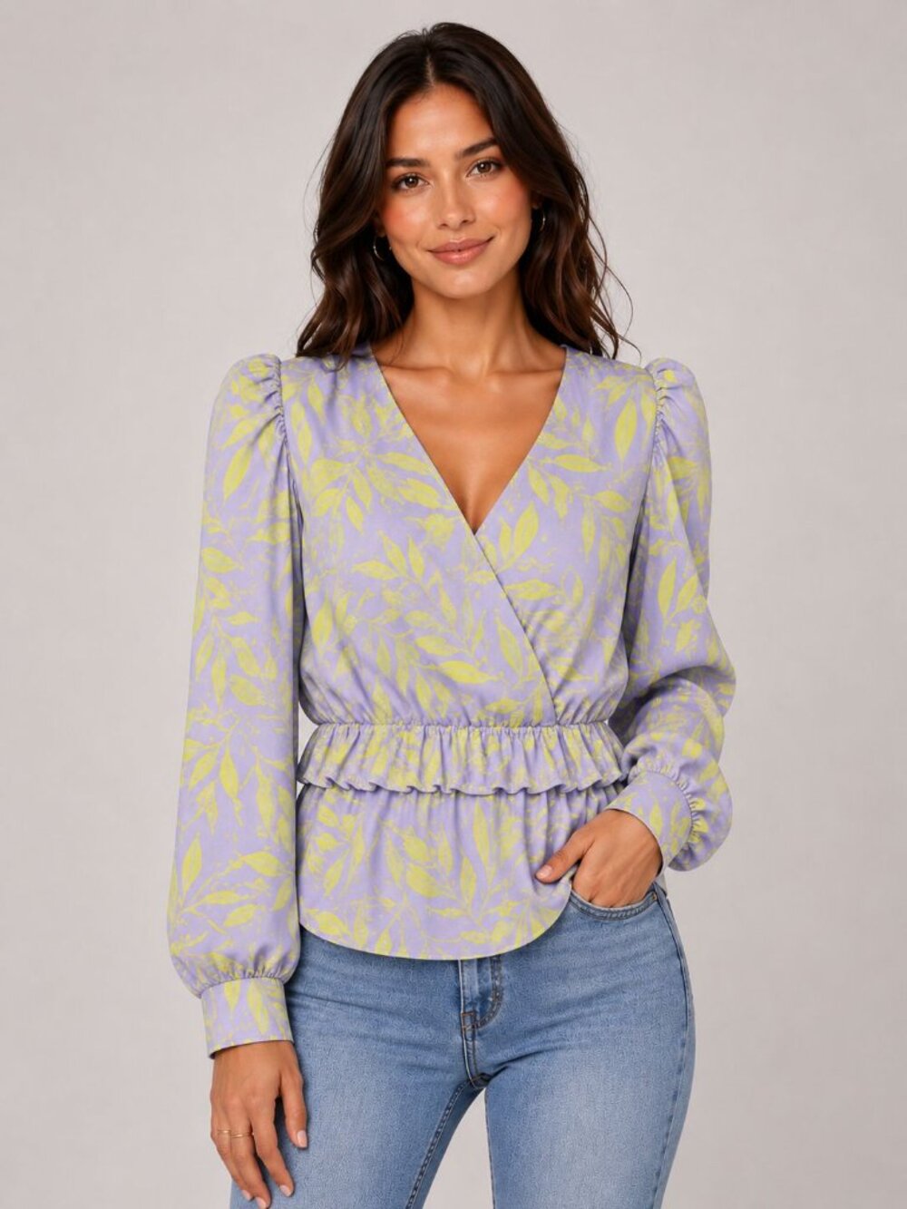 Effortlessly Chic Lavender Floral Boho Puffed Sleeves Peplum Tropical Top
